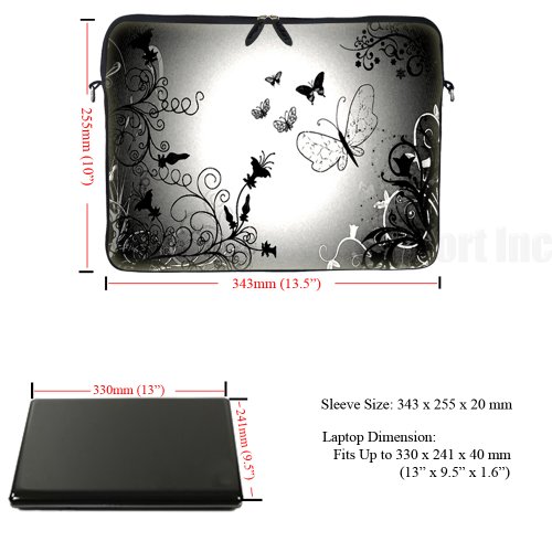 Meffort Inc 13 13.3 Inch Neoprene Laptop / Ultrabook / Chromebook Bag Carrying Sleeve with Hidden Handle and Adjustable Shoulder Strap (Black Gary Butterfly)