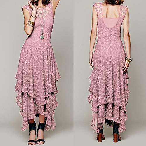 Sunmoot Cocktail Dresses,Women's Sexy Elegant Boho Lace Sleeveless Irregular Hem Double Layered Ruffled Trim Maxi Dress Pink - Thumbnail 4