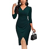 ZonJie Women's Sexy V Neck 3/4 Sleeve Faux Wrap Ruched Bodycon Dress Cocktail Party Work Wedding Guest Dresse