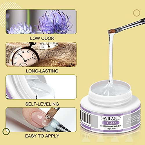 Saviland Building Gel for Gel Nails: 4 Basic Colours Builder Nail Gels Nail Set Clear White Nudes Pink Nail Strengths Gel with Nail Brush Pack of 100 Nail Shapes for Nails Art Supplies