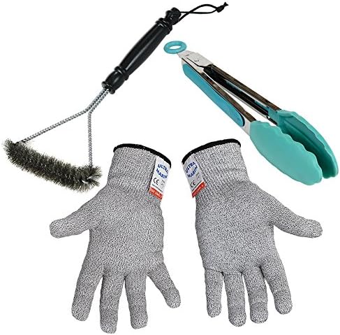 BBQ GRILL SET (3 in1) Cut Resistant Grilling Gloves Stainless Brush with Hanging Loop Cleaning Steel Tongs with Silicone Tips Turner for Cooking Salad Kitchen