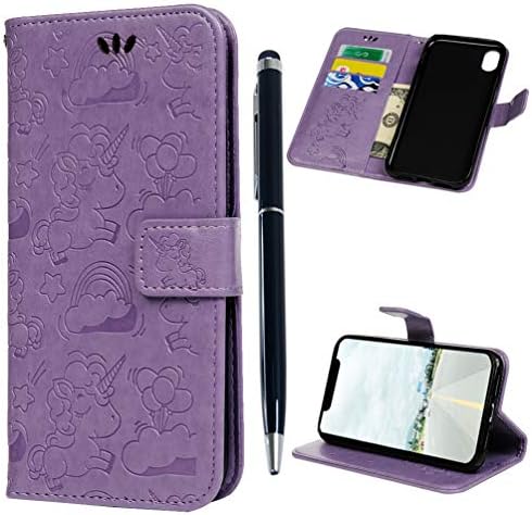 Edauto iPhone XR Case, iPhone Xr 6.1 inch 2018 Case Wallet Embossed Unicorn Leather Cover Kickstande Card Slot Shockproof Bumper Magnetic Closure Shell Skin Stylus Pen for iPhone XR 6.1'' - Purple