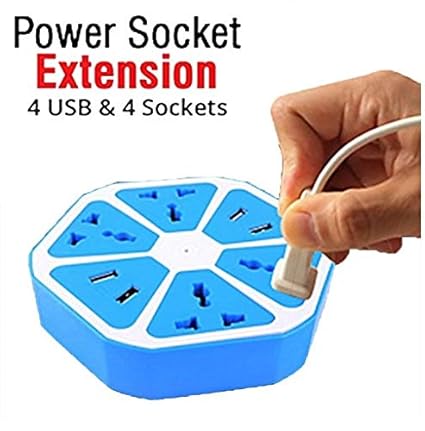 HONEY MONEY Hexagon Socket Power Strip with USB Charger | 4-Outlet with 4-USB Power Socket Extension Board with Cord| Mobile Charging USB Power Hub (Assorted Colour)