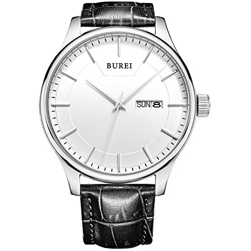 BUREI Unisex Simple Quartz Wrist Watch Silver Analog Dial with Day Date Stainless Steel Case Black Genuine Leather Strap