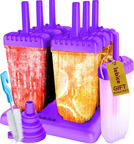 Popsicle Molds with Sticks Ice Pop Maker | 6 Pieces BPA Free w/ Silicone Funnel and Cleaning Brush and 1 Extra Silicone Lid and Recipes E-book by Lebice