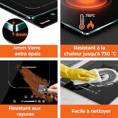 Topwish Induction hob with 2 burners, induction hob, flexible zones, built-in hob, 30 cm, with booster, 9 levels, timer, child safety, automatic switch-off, warm keep, 3500 W | Table de cuisson encastrable 30cm, avec Booster, 9 Niveaux, Minuterie, Sécurité Enfant, Arrêt automatique, Maintien au chaud