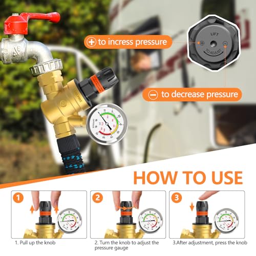 RV Water Pressure Regulator with Colorful Gauge, Hand Adjustable Knob,Brass Lead-Free Water Pressure Reducer with Inlet Screen Filter,for RV Camper Travel Trailer Water Hose,Suitable for NH Thread