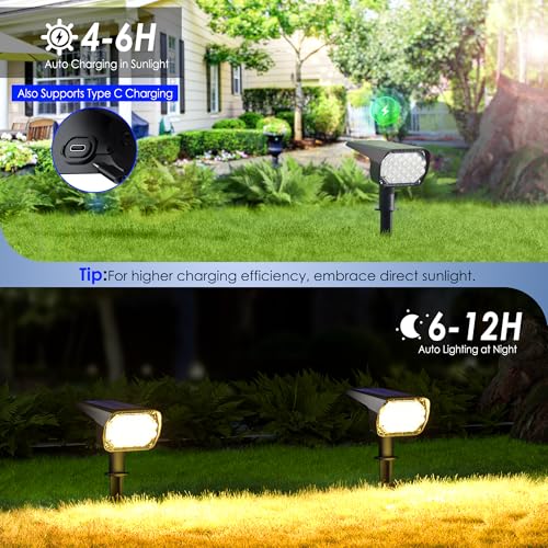 Quntis 4 x Outdoor LED Solar Spotlights 28 LEDs with Lenses, 6 Modes Solar Garden Lights, 3 Colour and USB-C Charging, Powerful Outdoor LED Spotlight Solar Lights for Courtyard Trees