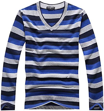 Tophaz Men's Stylish Slim Knitted Basic V Neck Sweater Thin Striped Pullover SW07, Deep Blue Large