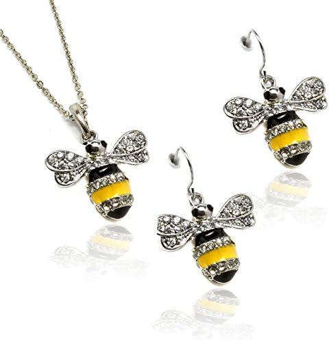 Bejeweled &amp; Enameled Bumble Bee Necklace and Drop Earring Set