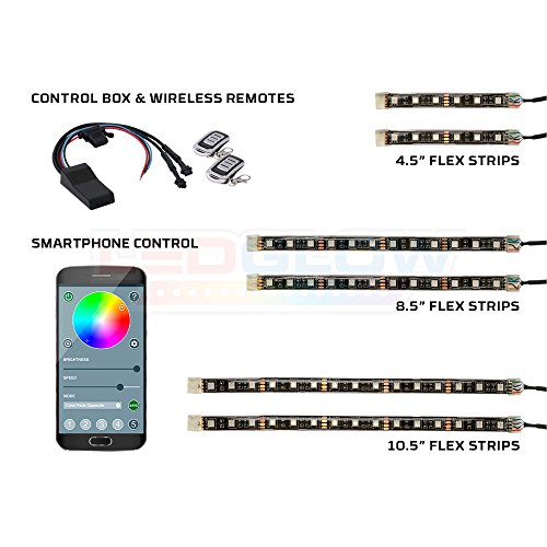 LEDGlow 6pc Advanced Million Color LED Flexible Motorcycle Lighting Strip Kit - Bluetooth-Connected Smartphone App - 66 LEDs - Waterproof Control Box - Dual Zone Control - 2 Wireless Remotes