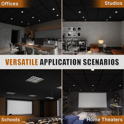 LooYee 24 PCS Black Polyester Fiber Acoustic Ceiling Tiles Reduce Light Reflection 2 X 2 Ft Sound Proof Ceiling Panels Moisture Resistant Ideal for Home Theater Office Basement Cover 96 Sq.Ft