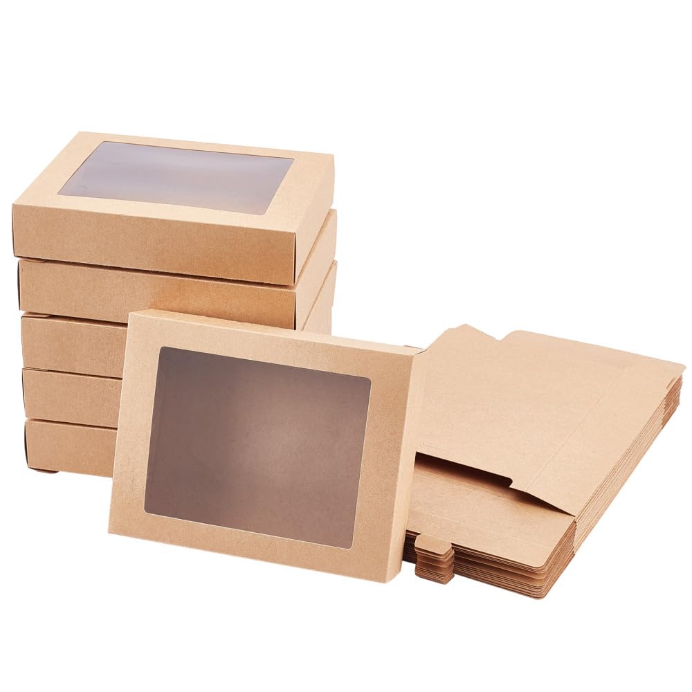 NBEADS 24 Pack Kraft Paper Folding Gift Boxes with Window 10 x 7.5 cm for Party Treats and Jewelry Packaging, Finish 14.5 x 10.5 x 2.5 cm
