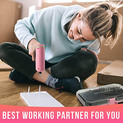 WORKPRO Pink Electric Cordless Screwdriver Set, 3.6V USB Rechargeable Lithium-ion Battery Power Screwdriver Kit with LED Light, 6Nm Torque Screw Gun with 28pcs Accessories for Home, Office Repair