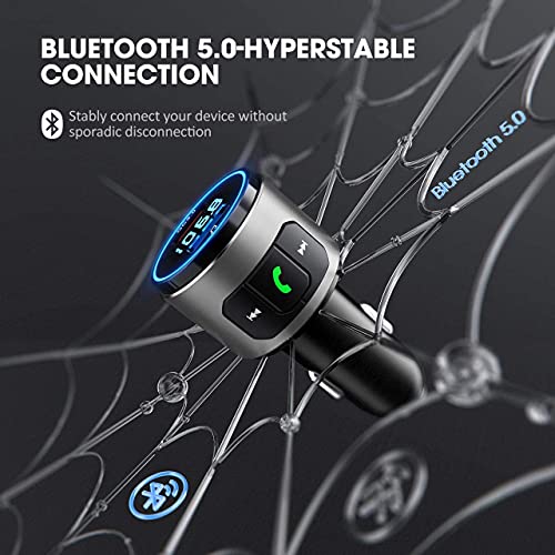 VicTsing Bluetooth FM Transmitter for Car, Bluetooth V5.0, QC3.0 Car Radio Audio Adapter with LED Backlit, Dual USB Charging, Hands-Free Calling, Car Bluetooth MP3 Player Supports USB Disk and Siri