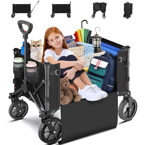 SAFONUS Carrito Plegable con Ruedas Giratorias y Puerta Lateral - Portátil para Carga Extra Larga hasta 150 Kg, Plegado Fácil por Mujeres Adultas, Transporte de Mercancías, Niños y Mascotas (Negro)