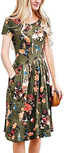 MALOTINA Women Short Sleeve Floral Print Scoop Neck Elastic Waist Pocket Casual Midi Vintage Dress