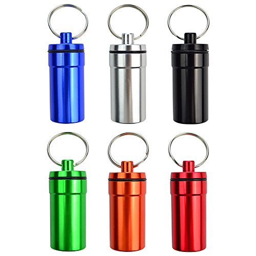 6 Pcs Large Size Portable Pill Case, Bantoye 2.1 x 5.1 CM Waterproof Aluminum Pill Holders With Keychain for Outdoor Camping Traveling, Random Color