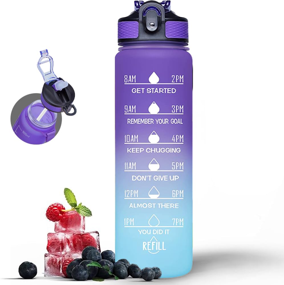 Active 100 1L Water Bottle with Straw, Motivational Time Marking | Dishwasher Safe | Leak-Proof | BPA-Free Drinks Bottle for Fitness, Work, Travel & Outdoor Use