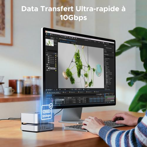 UGREEN USB4.0 Docking Station et Support pour Mac Mini M4 et M4 Pro avec Boîtier M.2 NVME SSD 40Gbps Station d'accueil USB C HDMI 8K 30Hz 4K 144Hz 5 USB 3.2 4A1C 10Gbps Lecteur SD TF 4.0 3.5mm