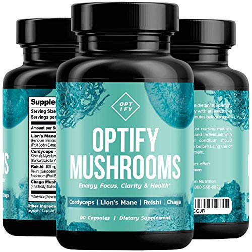 OPTIFY Mushroom Supplement - Lions Mane, Cordyceps, Reishi & Chaga - Nootropic Brain Supplement & Immune System Booster for Natural Energy, Stress Relief, Focus, Memory, Wellness - 90 Capsules