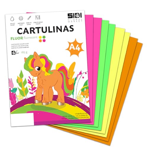 Cartulina A4 Fluor 185 g Cartulina Fluorescente de Colores Neon para Manualidades, Scrapbooking, Impresora Inkjet y Laser, Pack Variado Alta Visibilidad – SIDI (fluor, 125h)