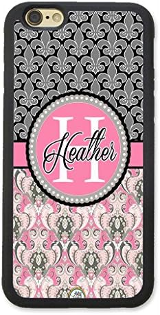 iPhone 8 Case, iPhone 7 Case, ArtsyCase Pink Grey Damask Fleur De Lis Monogram Personalized Name Phone Case - iPhone 7 and iPhone 8 (Black)