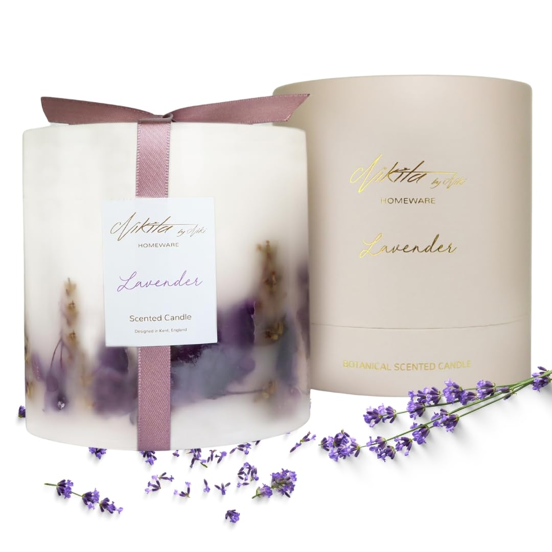 NIKITA Luxury Lavender or Rose Pillar Candle - Large Floral Scented Aromatherapy - Soy Candles for Women - Housewarming Gift (Lavender)
