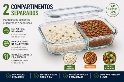 Pote Marmita de Vidro Borossilicato com Divisória | Hermético 2 Compartimentos 1040ml | Freezer Micro-ondas Livre BPA