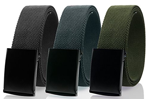 Gelante Fully Adjustable Canvas Web Belt with Black Flip Top Buckle 50' Long (3 Pack: Black, Dark Gray, Olive)
