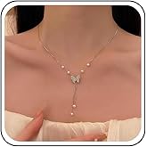 Erimberate Bohemian Butterfly Lariat Y Necklace Crystal Butterfly Choker Necklace Silver Pearl Drop Necklace Chain Vintage Pearl Y Chain Necklace Pearl Tassel Choker Necklace Jewelry for Women
