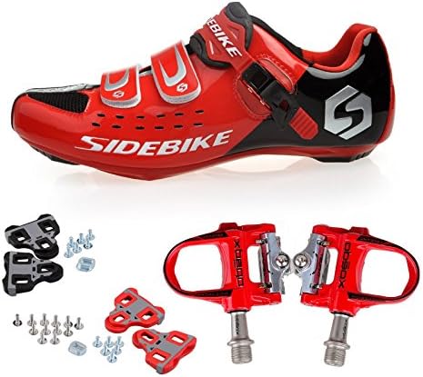 Men's Women's Road Cycling shoes & Pedals (Black Red + Red,EU40/Ft25cm)