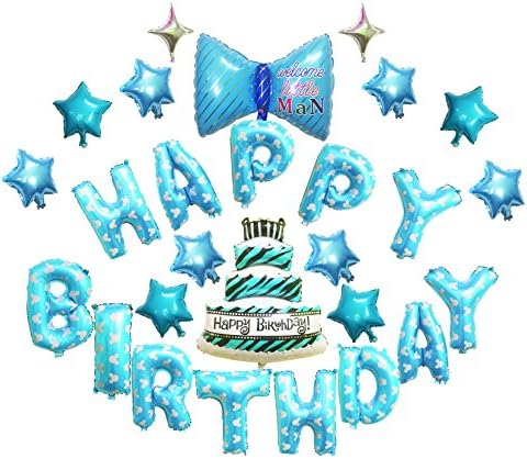 AZUNX Birthday Party Decoration Kit / HAPPY BIRTHDAY letter balloons / foil balloons for kids' party / ShinyStars&MultiLayerCake (LightBlue)
