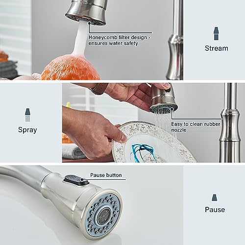 Oulantron 3 Hole Kitchen Faucet with Pull Down Sprayer Kitchen Faucet with Soap Dispenser, High Arc Pull Out Kitchen Sink Faucet Brushed Nickel Commercial Kitchen Faucets