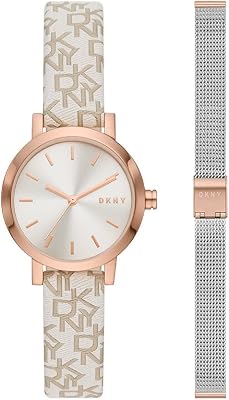 Relógio feminino dkny soho, movimento de três ponteiros, caixa de aço em ouro rosa de 28 mm com pulseira de aço, ny6605set