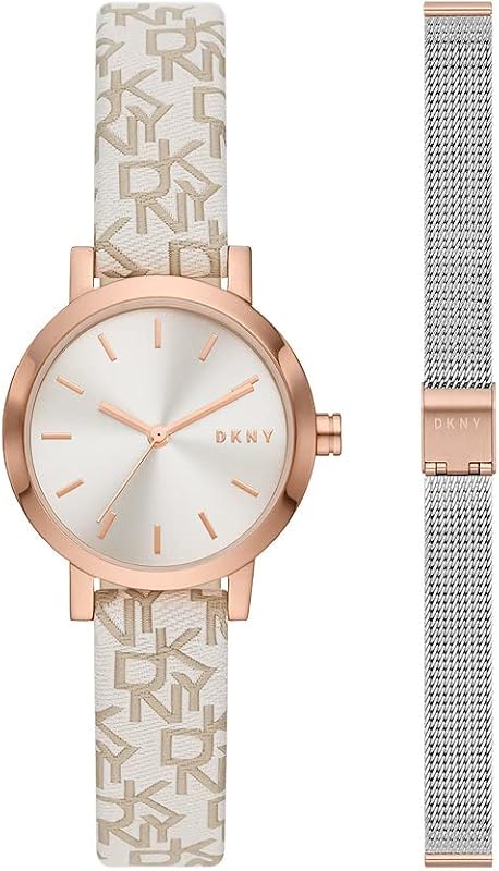 Reloj para mujer Soho, movimiento de tres manecillas, caja de acero rosa dorado de 28 mm con correa de acero, NY6605SET