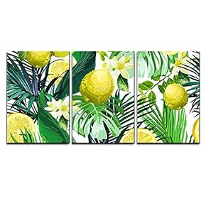 3 Piece Canvas Wall Art - Vector - Seamless Pattern of Lemon, Flowers and Tropical Leaves on a White Background. - Modern Home Art Stretched and Framed Ready to Hang - 16"x24"x3 Panels
