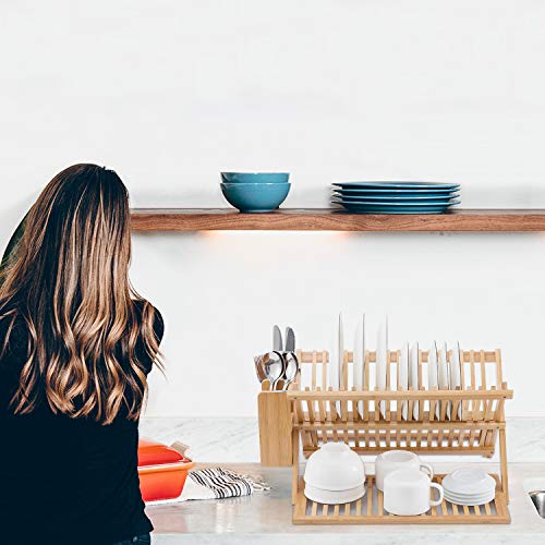 HBlife Bamboo Dish Drying Rack with Utensils Flatware Holder Set Large