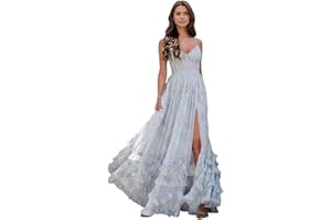 seezom Floral Printed Chiffon Prom Dress with Silt Spaghetti Straps Ball Gown Ruffle Hem Long Formal Evening Party Dress