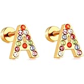 Cute Initial Small Stud Earrings for Women Cartilage Dainty Gold Plated 20g Rainbow Cubic Zirconia 26 Letters Alphabet Piercing Little Studs Flat Screw Back Stainless Steel Hypoallergenic for Sensitive Ear Birthday Gift Her