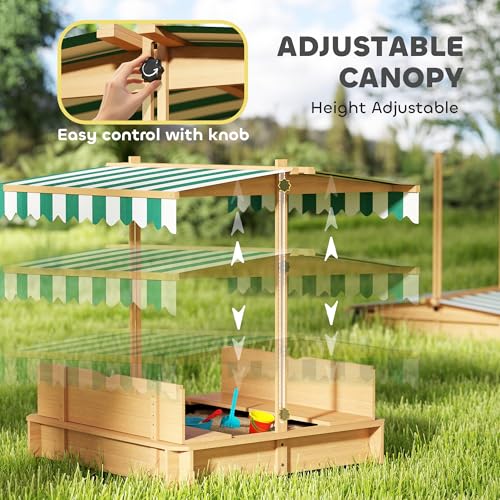 Outsunny Kids Wooden Sandbox w/Adjustable, retractible Canopy & Foldable Bench Seats for 3-7 Years Old, Light Brown