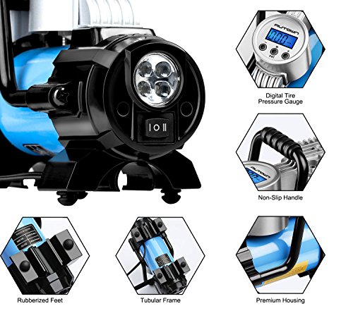AUTOWN Air Compressor Pump, 12V DC Portable Digital Tire Inflator with Gauge 140W 120 PSI, 4 Display Units, Auto Shut-Off for Overheat Protection