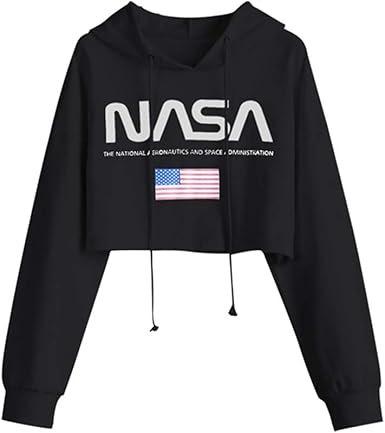 Amazon Com Zaful Cropped Hoodie American Flag Nasa Logo Print