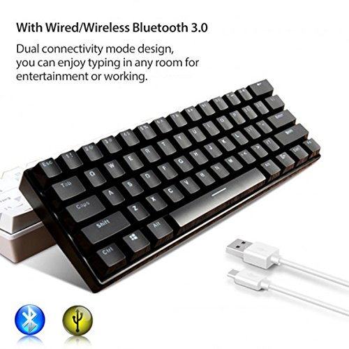 Royal Kludge RK61 61 Keys Wired/Wireless Bluetooth 3.0 Multi-Device LED Backlit Mechanical Gaming/Office Keyboard for iOS, Android, Windows and Mac with Rechargeable Battery, Blue Switch -Black