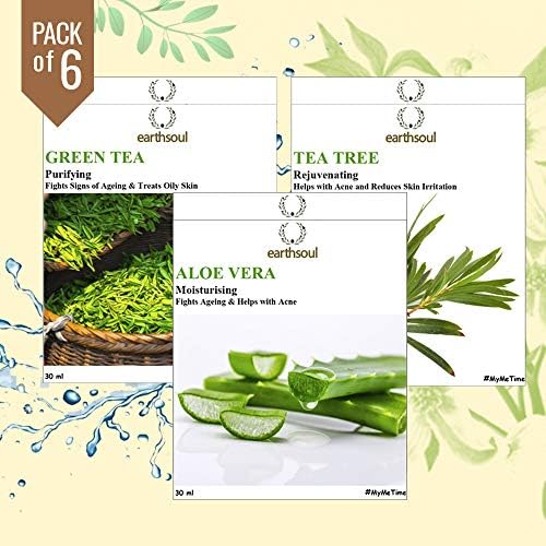 Earthsoul Moisturising, Brightening, Soothing & Anti Ageing Korean Face Mask Sheet Pack – Pack of 6 (2 sheet each) – Aloe Vera, Green Tea & Tea Tree (30gm each)