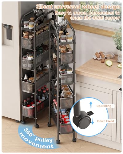 UMDONX Premium Metal Kitchen Trolley Pull out Drawers Narrow 5 Tier, Vegetable Fruit Storage Rack Utility Organiser Cart, Slim Shelving Unit with Universal Lockable Wheels - Black