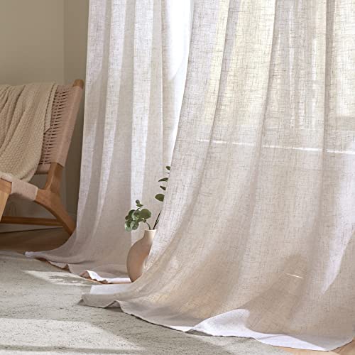 Woaboy Linen Curtains Translucent Net Curtains with Eyelets Modern Decorative for Living Room, Window, Bedroom, 2 Pieces, 140 x 245 cm, White