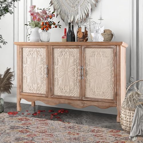 May in Color Accent Rustic Storage Cabinet With 3 Carved Doors, Vintage Sideboa…