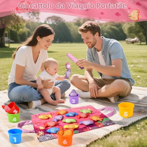 Tokiyis Montessori Games 1 Year – Soft Fishing Game for Baby Girl with 12 Fishes – Colourful Child Game Educational Toy for 6 9 12 18 Months – Pink Gifts for Children Girl 1 2 3 Years