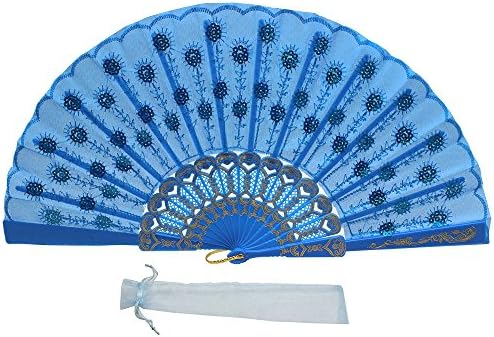 Newstarfactory Full Color Collection Embroidery Sequins Plastic Cloth Folding Fan (Blue)